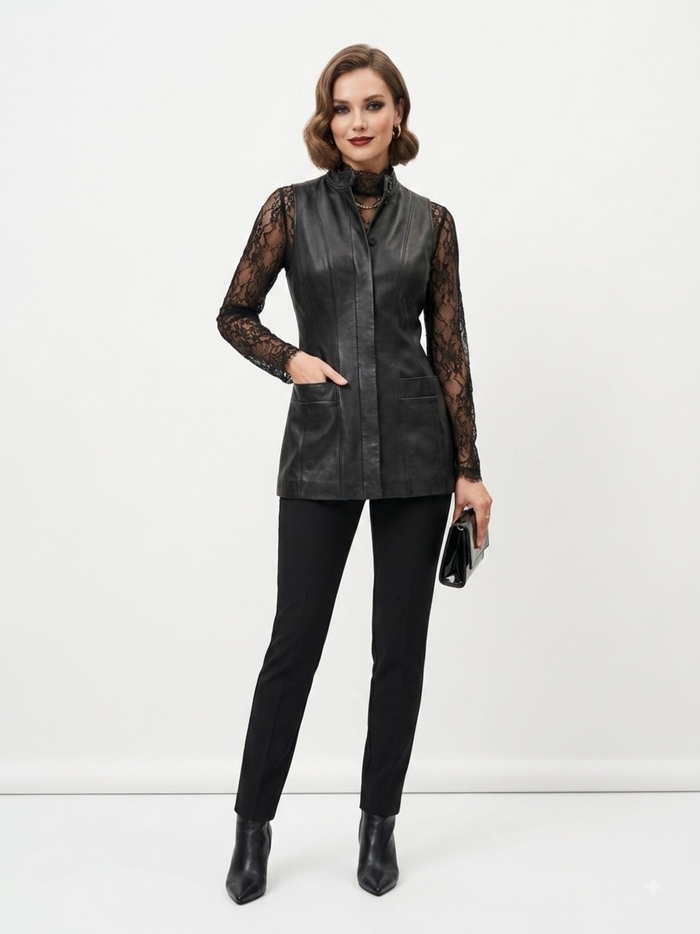 Oscar de la Renta Genuine Leather Long Vest Black Size 6